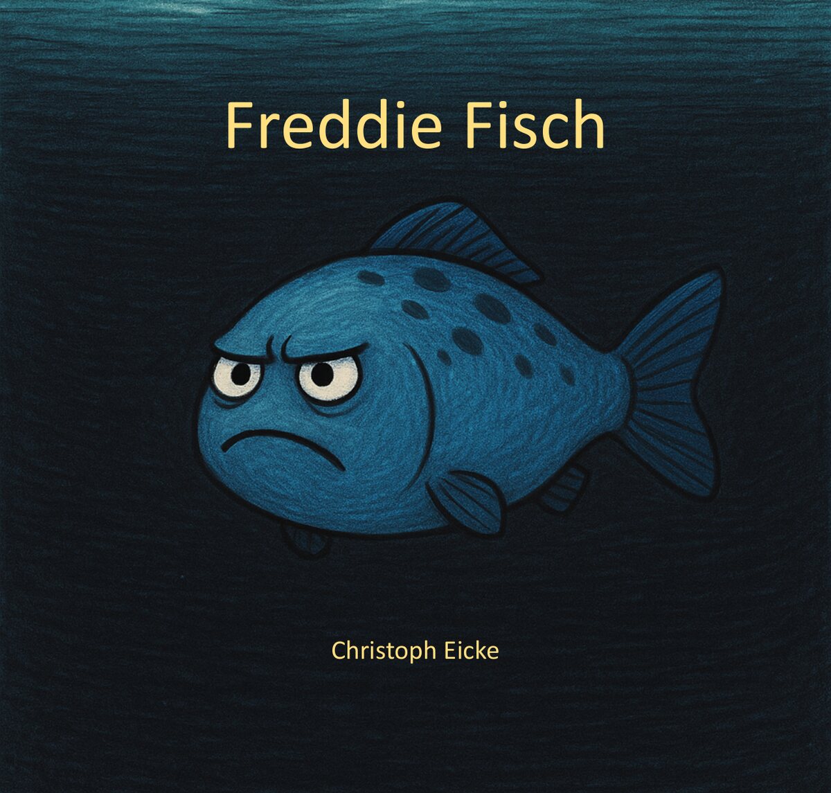 Buchcover von „Freddie Fisch“ von Christoph Eicke: ein großer, mürrischer blauer Fisch im dunklen Wasser