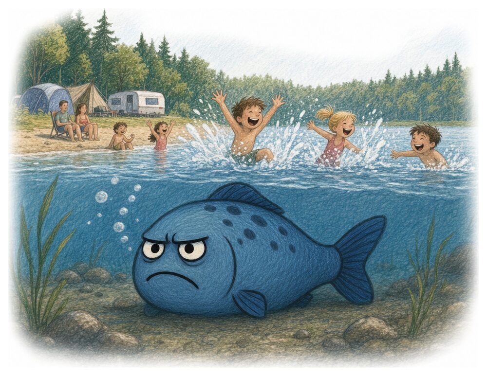 Buchseite: Kinder planschen an der Badestelle, darunter liegt Freddie Fisch mürrisch am Seeboden