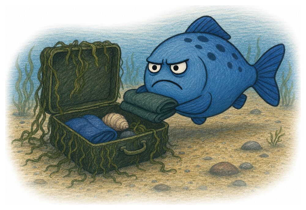 Buchseite: Freddie Fisch packt grimmig einen Koffer aus Seegras