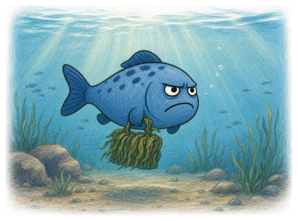 Illustration: Freddie Fisch schwimmt mit einem Koffer aus Seegras durch das tiefe Wasser