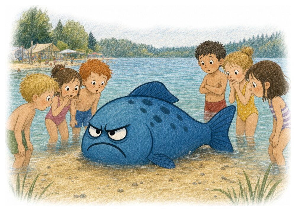 Illustration: Kinder stehen im flachen Wasser um den gestrandeten Freddie Fisch herum