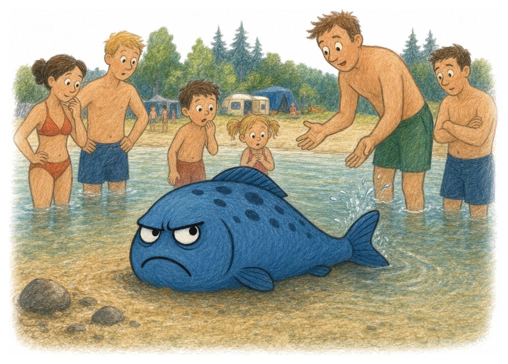 Buchseite: Kinder und Erwachsene stehen um den gestrandeten Freddie Fisch herum und bieten Hilfe an