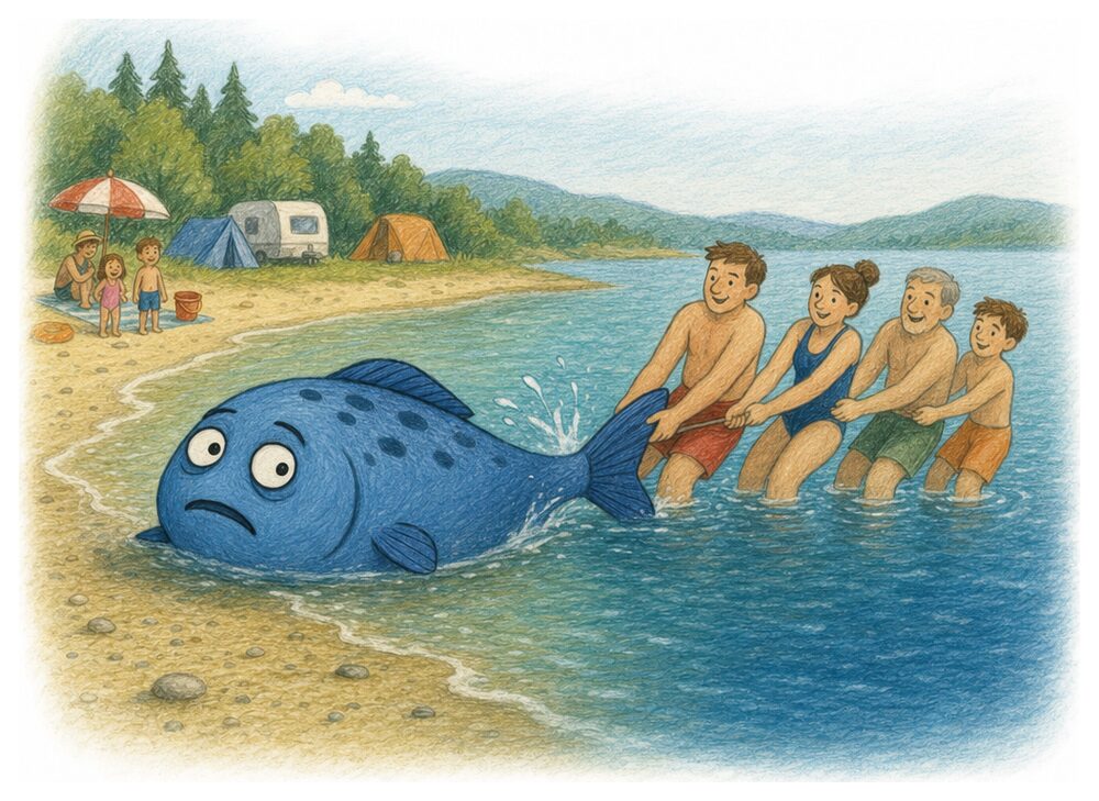 Illustration: Mehrere Menschen ziehen Freddie Fisch an der Schwanzflosse zurück ins tiefe Wasser