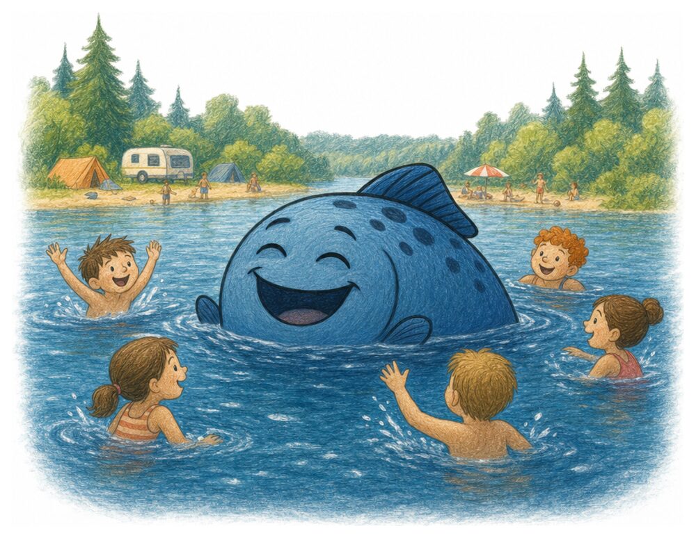 Illustration: Freddie Fisch lacht, während Kinder um ihn herum im Wasser spielen
